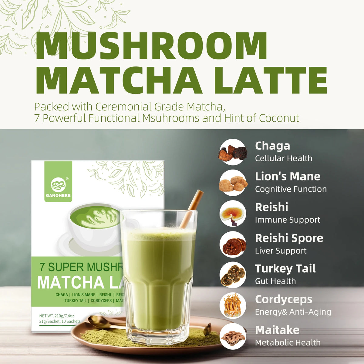 7 Mushroom Matcha Latte Powder Mix (10 Sachets)
